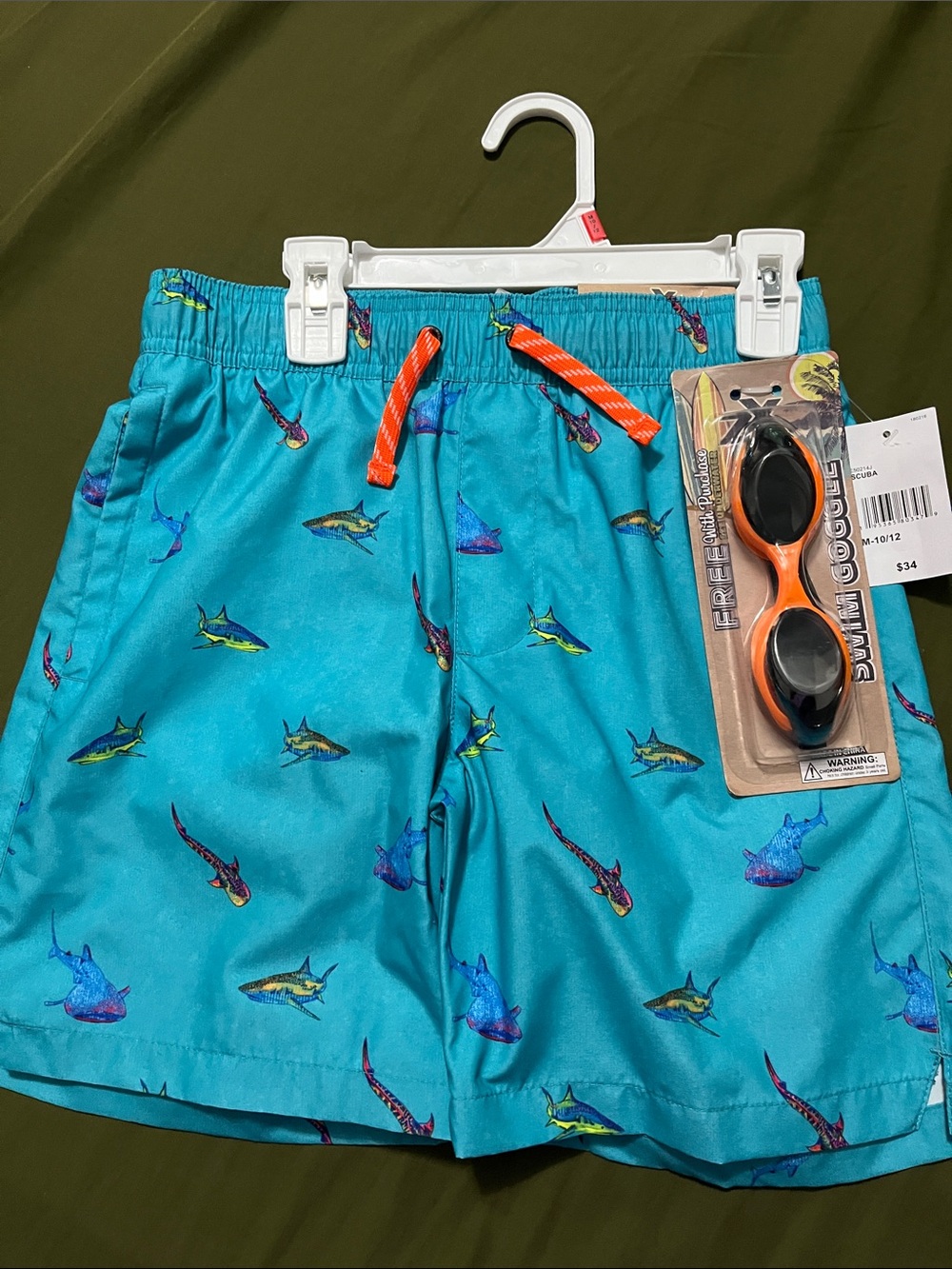 ZeroXposur Teal Shark Swim Trunks with Orange Drawstring and Goggles